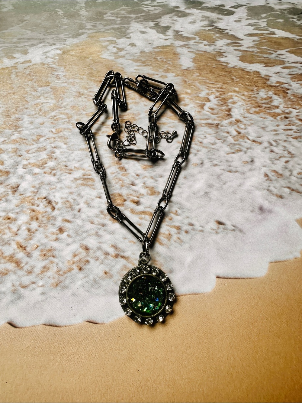 Antique Silver Chain Necklace with Green Crystal Pendant - Women's Jewelry